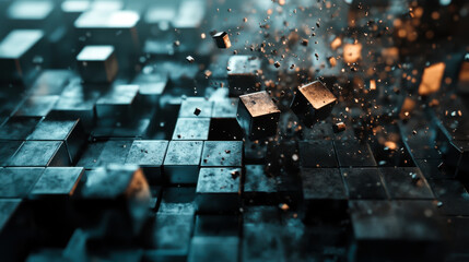 Abstract digital landscape featuring floating cubes with glowing edges and particles in a futuristic setting, symbolizing technology and innovation