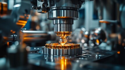 High-tech manufacturing process shown with an advanced machine precisely working on a metallic component, highlighting industrial innovation and technology.
