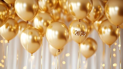 Golden balloons suspended in the air celebrating a milestone event, with the year 2025 prominently displayed in a festive atmosphere