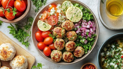 A nutritious Mediterranean bowl filled with healthy ingredients like mixed grains, assorted fresh vegetables, and flavorful herbs, offering a wholesome meal option.