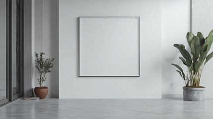 Array Of Striking Interior Settings Showcasing A 3D Canvas Frame Mockup, A blank frame mockup in a modern interior with a trendy vase and chair against an empty white wall.