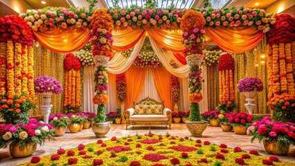 Fototapeta premium A breathtaking Indian wedding stage featuring lush floral decorations, ideal for stunning macro photography, highlights intricate petals and vivid