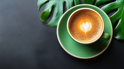 Cup of aromatic coffee with latte art, green saucer, and tropical leaves on a dark background.