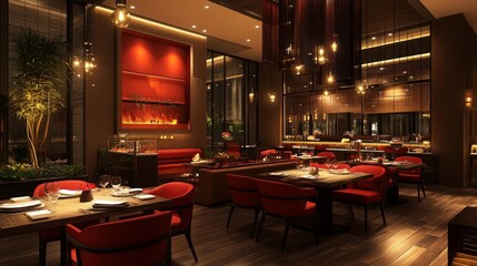 A modern restaurant with plush red seating, ambient lighting, and elegant decor, creating a warm and sophisticated dining atmosphere in an urban setting.