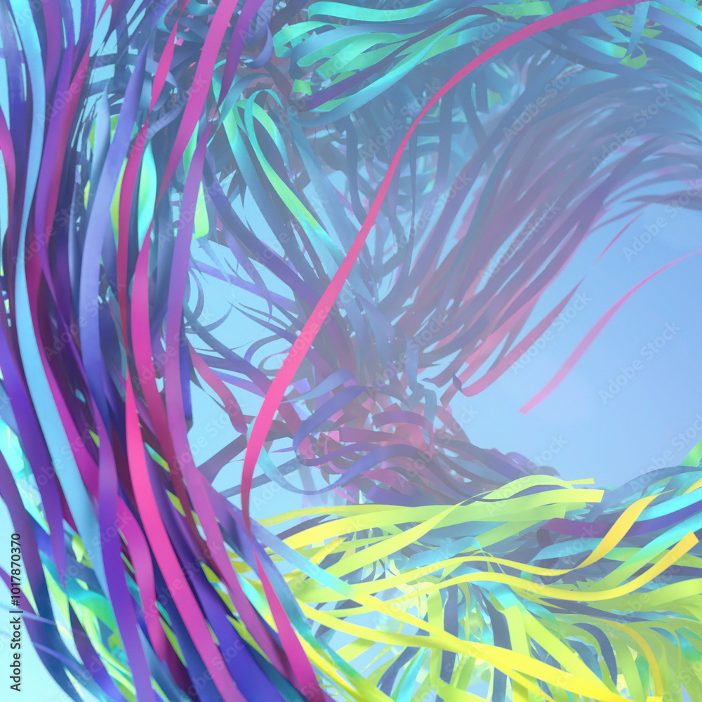 Poster a bright abstract composition with varied colors and wavy shapes of flying strips of fabric. 3d rend