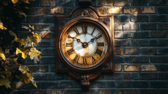 A classic vintage clock is mounted on a rustic brick wall, evoking nostalgia and capturing the timeless elegance of traditional architectural and design elements. - Powered by Adobe