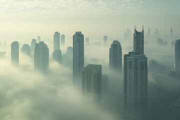 Fototapeta premium City skyscrapers rising above the fog, foggy city morning