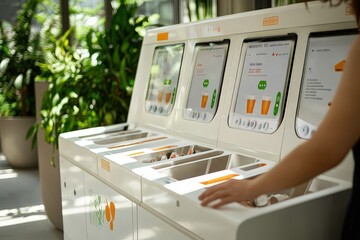 Futuristic coffee capsule sorting station with sections for biodegradable, aluminum, and plastic capsules.