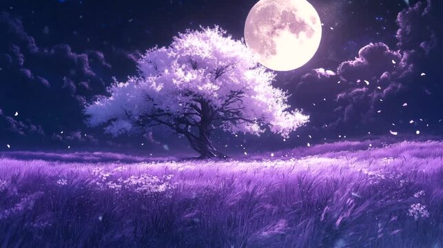 Luminous white tree in a field of purple grass beneath a giant moon. Looping 4k video animation background