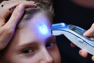 Close-up of a boy's forehead while measuring his temperature with an electronic thermometer, dark background © Gosia