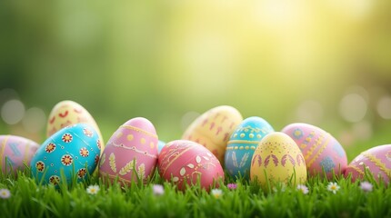 Fototapeta premium decorated easter eggs in grass background