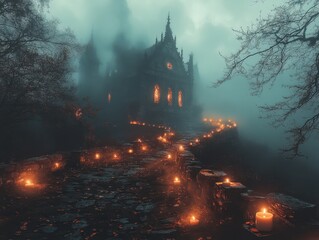 Fototapeta premium Mystical Haunted House in Foggy Landscape with Candles