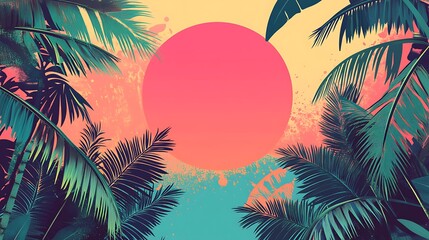 A vibrant tropical sunset with palm leaves framing a pink sun.