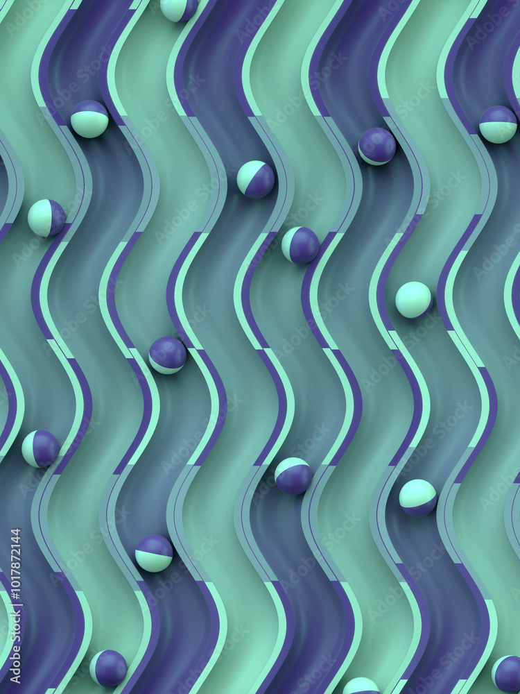 Poster Abstract background with small bicolored balls rolling on a sinuous groove. 3d rendering digital illustration