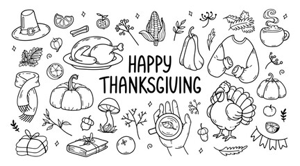 Thanksgiving outline doodle big set. Autumn collection of hand drawn icons. Autumn leaves, turkey, hot chocolate, traditional food, corn, pumpkin, scarf, mug, pilgrim hat. Harvest vector illustration.