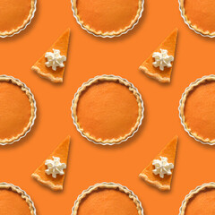 Seanless pattern of traditional American Pumpkin Pie. Homemade pastry for Thanksgiving Day.