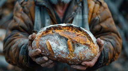 A close-up shot of a person's hands holding a large loaf of bread. The hands are rough and weathered, the bread is freshly baked and golden brown
