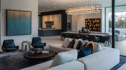 A contemporary open-concept living and dining area with modern art pieces