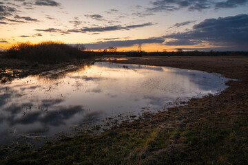 Flood water on the meadow and the evening sky, eastern Poland