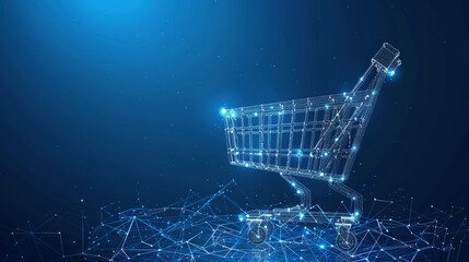 Shopping cart in light blue background. Abstract polygonal wireframe with lines and dots in business concept
