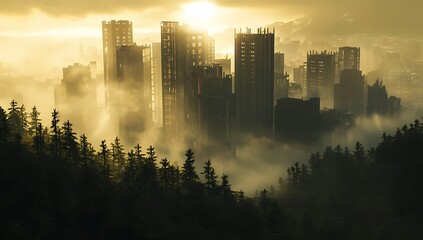 Obraz premium Tall buildings loom through thick fog and dust