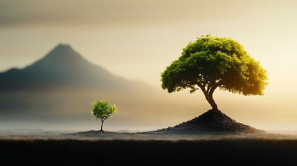 A small tree struggling to grow in dry soil next to a large, lush tree flourishing with ease, highlighting the contrast between limited resources and abundance. Ultra-Realistic, Photo Realistic, 