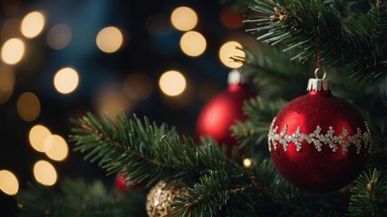 Decorated Christmas tree on blurred background.