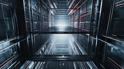 Obraz premium A futuristic metallic elevator shaft illuminated with red lights in a high-tech, modern building at night