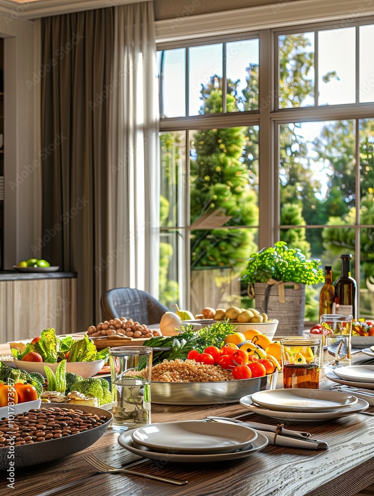 Poster the wooden table displays an array of colorful fruits, vegetables, nuts, and balanced meals in a wel
