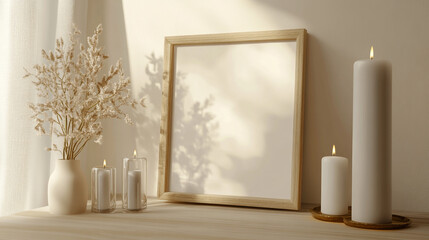 Mockup of an empty poster frame in a white wall living room with a wooden sideboard, Frame mockup in beige interior background composition.