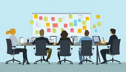 Four People Working at Desk with Sticky Notes on Wall