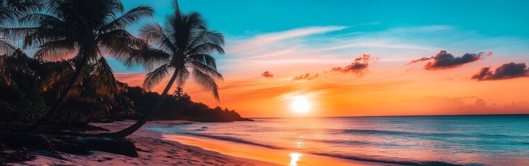 Obraz premium A serene tropical beach at sunset with palm trees silhouetted against the colorful sky and gentle waves lapping the shoreline. Wide web banner.
