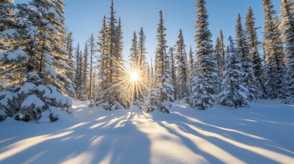 Fototapeta premium A serene winter landscape with snow-covered trees and the sun shining through, creating a peaceful and picturesque scene.