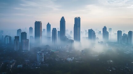 Fototapeta premium The skyline of the city was shrouded in thick fog