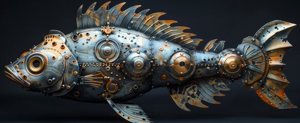 Fototapeta premium An exquisite metallic fish sculpture brings together steampunk aesthetics with elaborate gears and textures, embodying creativity and craftsmanship