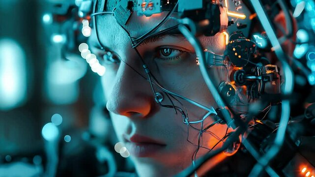 Portrait face of a man futuristic AI cyborg have a lot of cables and wires, A man with cyborgized brain	