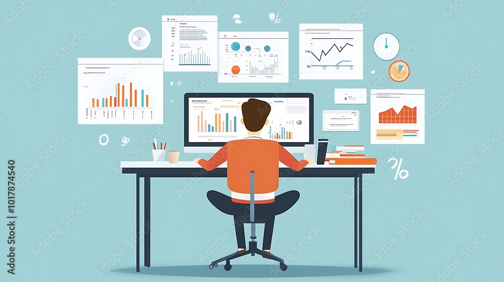 Poster man analyzing data on a computer with multiple charts and graphs surrounding him