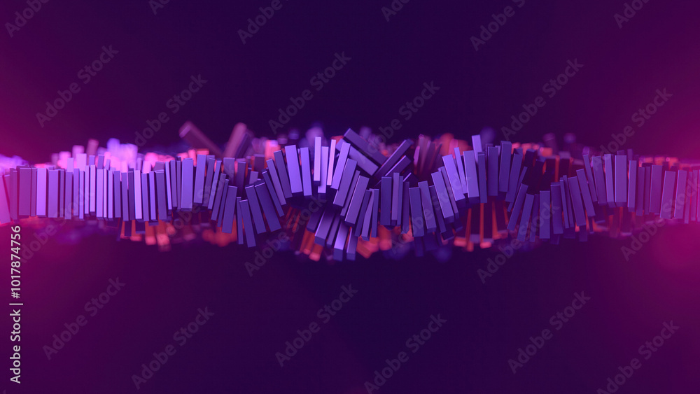 Poster digital illustration of bright shiny purple metallic rectangles forming a horizontal line. 3d render