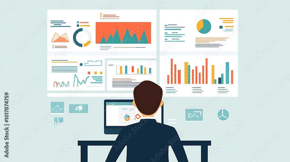 Poster a businessperson analyzing data on a computer screen surrounded by charts and graphs