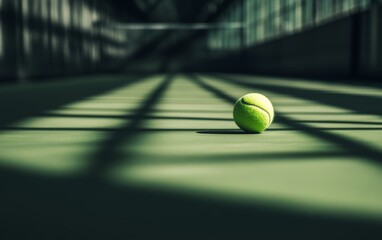 A solitary tennis ball rests on a court, illuminated by natural light and casting shadows in a spacious indoor area.