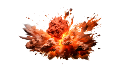 Dynamic explosion with fiery orange and red debris scattering in all directions, captured in mid-blast 