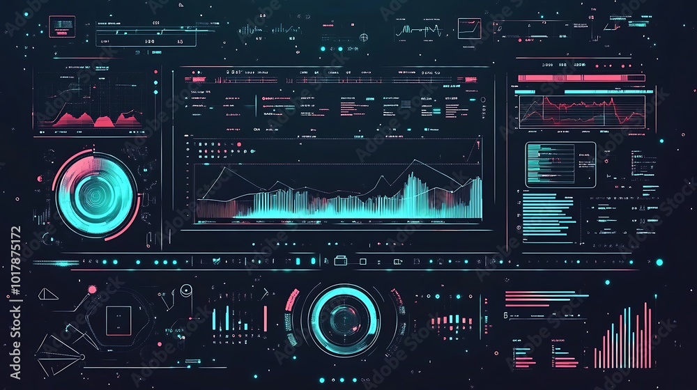 Poster futuristic interface with data visualizations and graphical elements