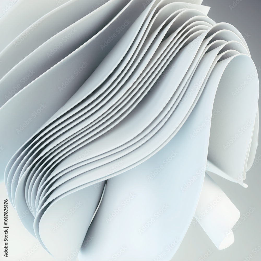 Poster Illustration with floating stack of wavy white fabric stripes. 3d rendering