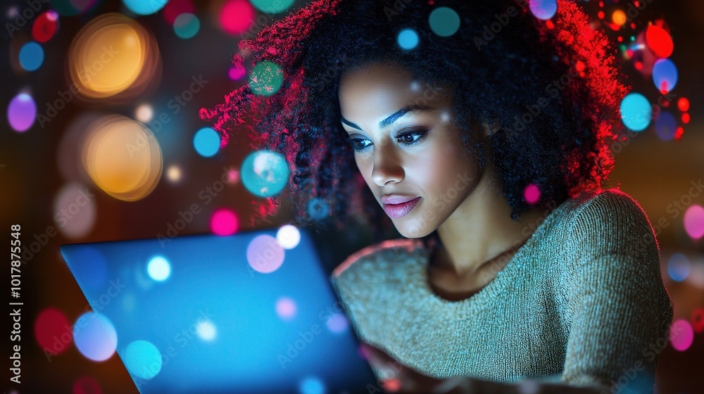 Wall mural Focused Woman Working on Laptop with Colorful Background