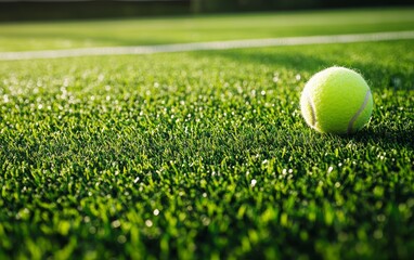 A close-up of a tennis ball resting on vibrant green artificial grass, emphasizing a sports setting.