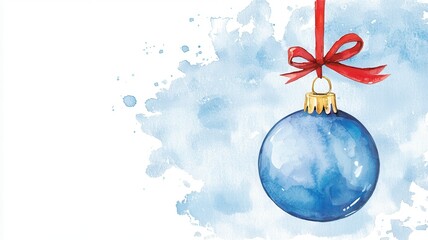 A vibrant watercolor image of a blue Christmas ornament with a red bow, set against a soft, pastel blue background.
