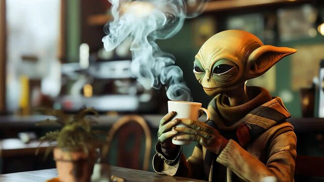 An alien creature enjoying drinking coffee in a coffee shop	