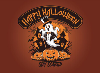 Ghost with Top Hat and Cane Celebrating Halloween with Scary Pumpkins Vector Art Unique Illustration