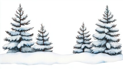 Fototapeta premium A serene winter scene featuring snow-covered evergreen trees against a white background, evoking a peaceful, snowy landscape.