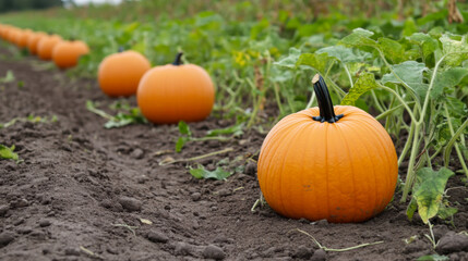 Pumpkins growing in a row on a farm under clear skies in the late afternoon during harvest season
